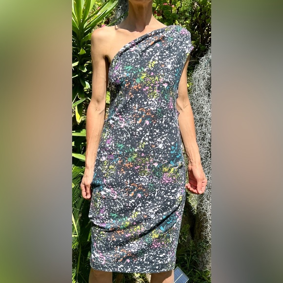 Rachel Roy Women One Shoulder Midi Dress Black w Color Splashes (M) - Picture 1 of 13